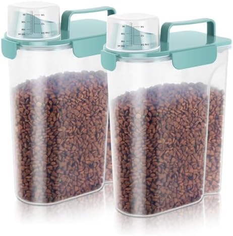 5-7Lbs Dog Cat Food Storage Container with Upgraded Large Nozzle BPA-free, 4 Snap Seals Plastic Pet Food Storage Containers with Handles (2, Elegant Blue, 5L)