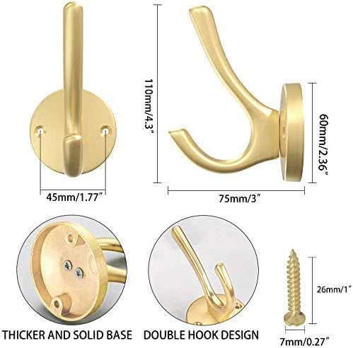 ZUONAI Gold Bathroom Towel Hooks Gold Coat Hooks 2 Pack Heavy Duty Brushed Towel Hooks Screws Solid Brass Wall Hooks for Hanging Coats, Hats, Jacket, Clothing and Keys in Bedroom Bathroom