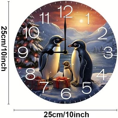 Christmas Tree and Penguins Wall Clock Large Silent Non-Ticking Battery Operated Modern Clocks for Living Room Decor/Bedroom/Office (10x10 in)