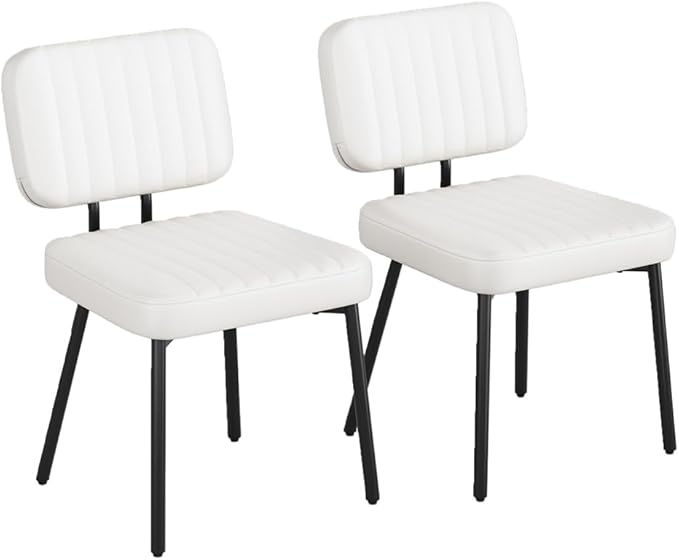 Dining Chairs Set, Upholstered Mid Century Modern Kitchen Dining Room Accent Chairs with Faux Leather Cushion Seat & Metal Legs for Kitchen, Living Room (White, Set of 2)