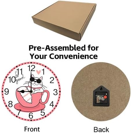 Wall Clock,Cat Sleeping in A Coffee Cup Kitchen Decor and Accessories, Decorative Battery Operated Clocks for Living Room Bedroom Bathroom Farmhouse 12 Inch