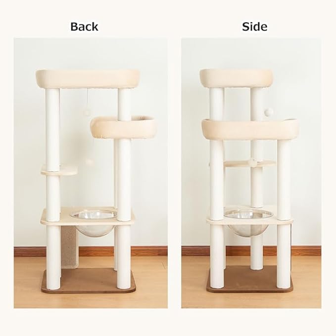 53'' Wooden Cat Tree Tower for Indoor Cats, Modern Natural Wood Cat Furniture with Cozy Beds, Scratching Post and Clear Hammock for Kittens and Adult Cats (White)