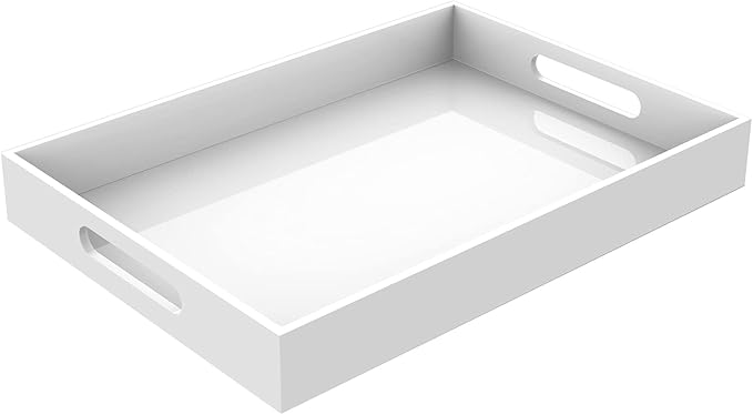Acrylic Serving Trays with Handles, 16"x 12" Rectangle Sturdy Breakfast Tray, White Decorative Trays Organiser for Bedroom, Kitchen, Living Room, Bathroom, Hospital and Outdoors