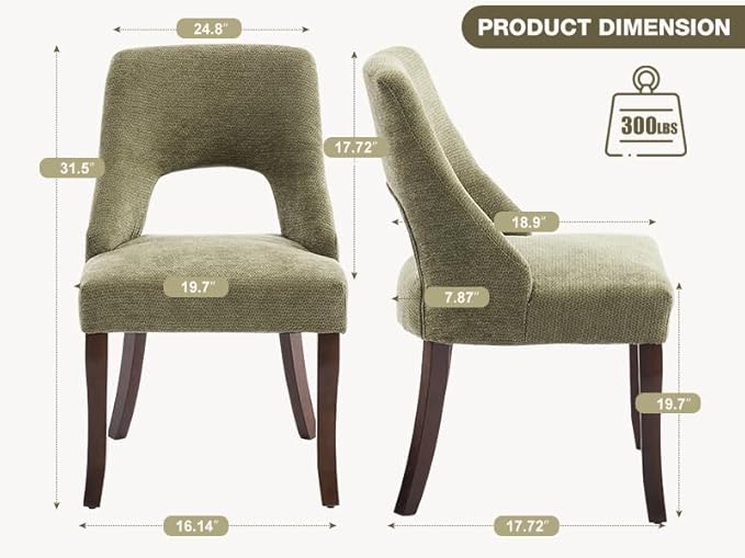 UVV Wooden Dining Chairs Set of 6, Mid Century Modern Chenille Upholstered Dining Room Chair Kitchen Chairs, Farmhouse Dinner Chair with Solid Wood Legs for Kitchen Dining Room, Green