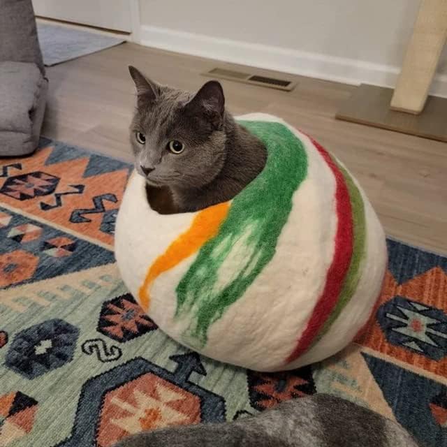 Woolygon Premium Felt Cat Cave Bed β Wool Kitty Beds Handcrafted Kitten Caves Bed for Indoor Cats - Made from 100% Eco-Friendly Merino Wool, Foldable Cat Hidewawy Covered Cat House Pod (Candy Swirl)