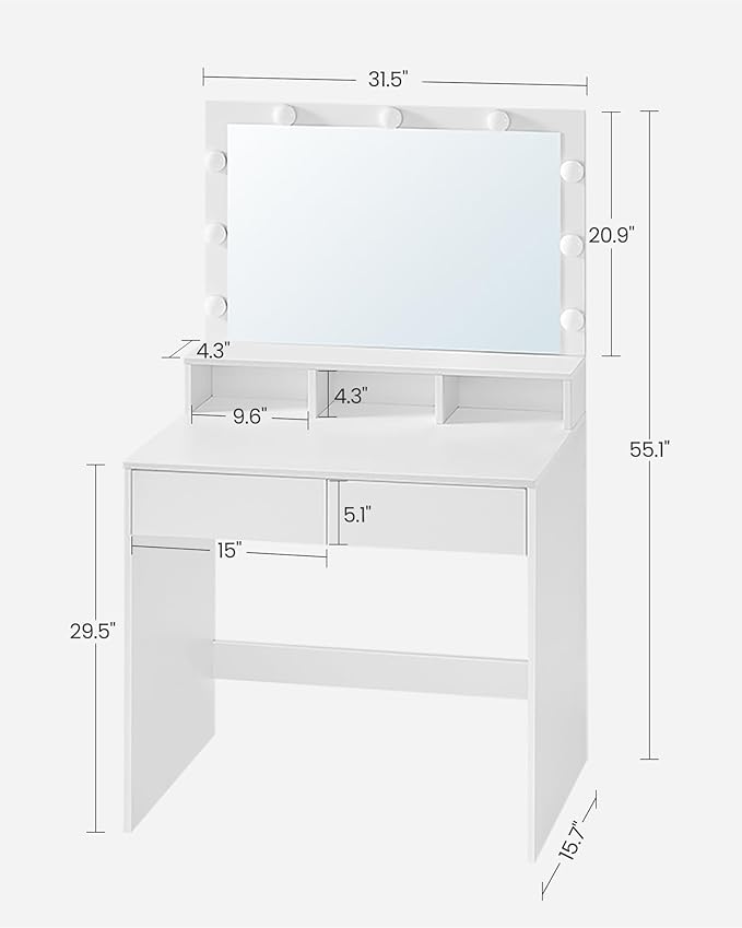 VASAGLE Vanity Desk with Mirror and Lights, Makeup Vanity with Large Mirror, LED Lights with Adjustable Brightness, Vanity Table, 2 Drawers, 3 Compartments, Modern Makeup Desk, Cloud White URDT120T14