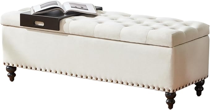 HUIMO 51-inch Storage Ottoman Bench with Removable Tray, Bedroom Bench with Button-Tufted, Safety Hinge Ottoman in Upholstered Fabrics, Large Long Bench for Living Room, Bedroom (Ivory)