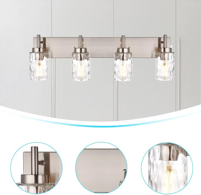 BONLICHT Bathroom Vanity Light Fixtures Brushed Nickel 4-Light with Clear Water Glass Shade Contemporary Wall Sconces Farmhouse Bathroom Lighting Wall Mount Lamp for Living Room Bedroom Bar Office