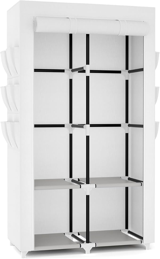 VTRIN Portable Closet Wardrobe Closet for Hanging Clothes with 4 Storage Shelves, 2 Hanging Rods and 6 Pockets, Stable and Easy Assembly Clothes Rack with Cover Free Standing Closet White