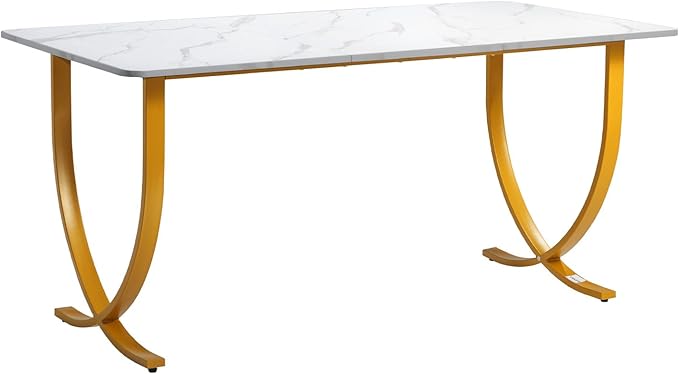VEVOR Executive Desk, 63" W x 31.5" D Large Office Desk, Modern Computer Table Conference Meeting Room Table, Business Furniture Enlarged Desktop for Home Office, White and Gold
