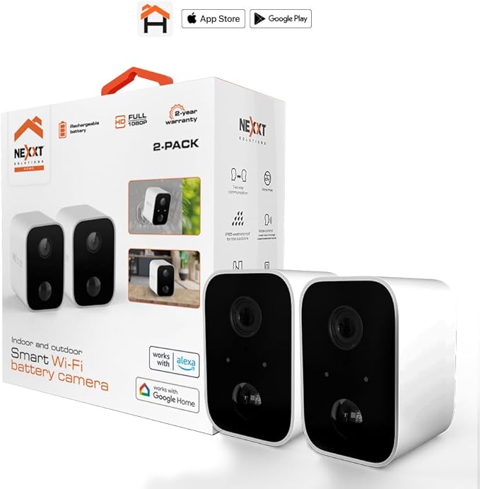 Nexxt Wireless Security Camera for Outdoor or Indoor, Built-In Battery, Weatherproof Home Camera 1080P HD Live Video, Motion Detection, Two-Way Audio, Night Vision, Alexa, Google, Camaras De Seguridad