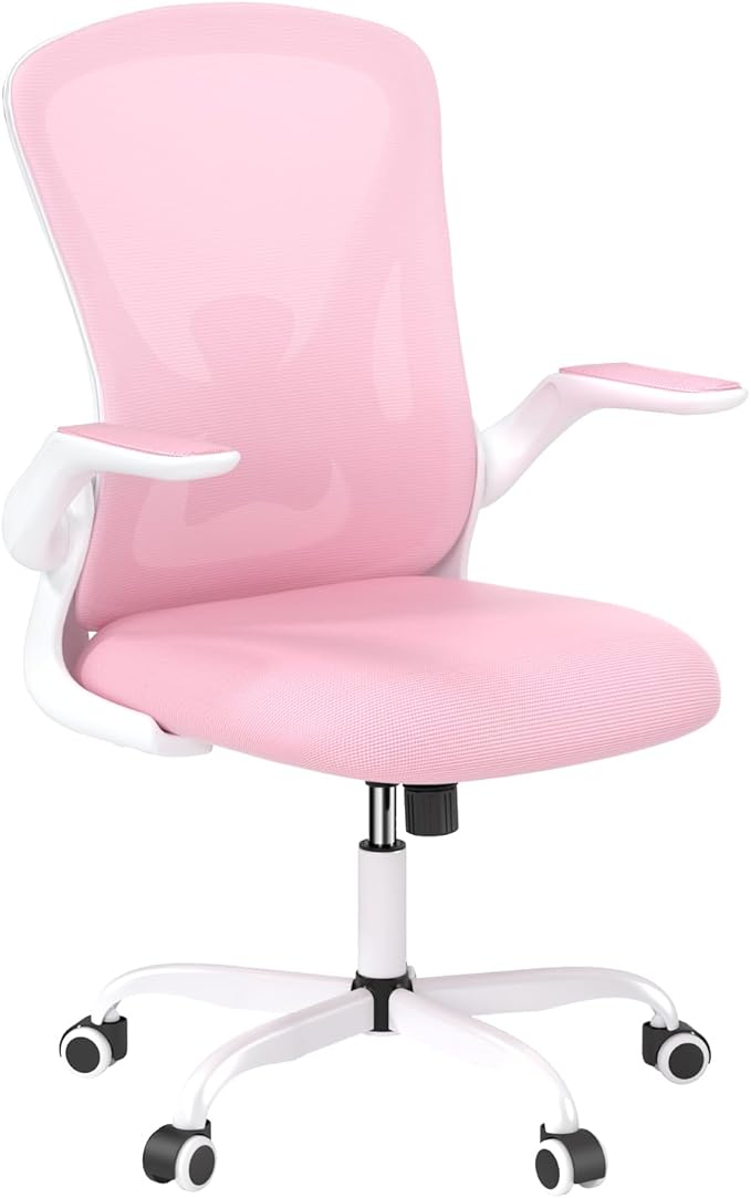Sytas Ergonomic Desk Chair with Padded Flip up Arms and Supportive Lumbar Support, Breathable Mesh Home Office Chair with Comfortable Cushion for Home or Office(Pink)