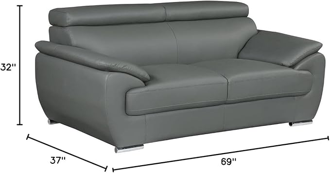 Blackjack Furniture 4571 Veal Collection Modern Genuine Leather Loveseat with Adjustable Headrest, Sturdy Wood Frame and Stainless Steel Legs, Stylish Living Room Love Seat, Gray