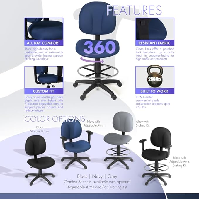 Romig Comfort Series Swivel Fabric Computer Task Chair with Drafting Kit -Navy Blue