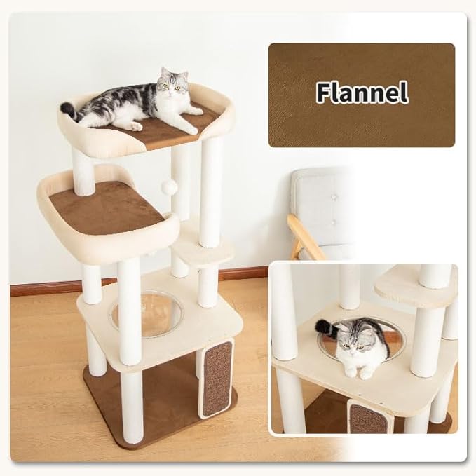53'' Wooden Cat Tree Tower for Indoor Cats, Modern Natural Wood Cat Furniture with Cozy Beds, Scratching Post and Clear Hammock for Kittens and Adult Cats (White)
