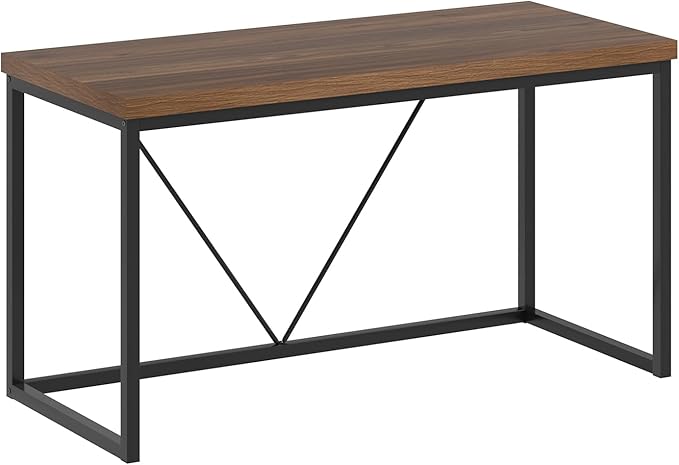 FOLUBAN Modern Computer Desk, Rustic Wood and Metal Study Writing Table, Simple Work Gaming PC Desk for Home Office, Walnut 53 Inch