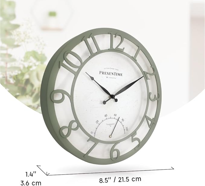 Presentime & Co 13" Farmhouse Outdoor Wall Clock w/Outdoor Thermometer, Modern Style, Raised 3D Arabic Numerals, Olive/Sage Green Finish (Wall Clock for Patio, Cottage, Poolside, Garden Spaces)