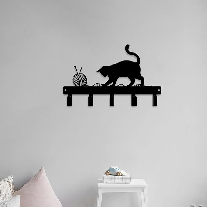 magilab Cat-Themed 10-Inch Iron Key Hooks with 5 Hooks, Black Wall Organizer - Cute Cat Design for Home Decor, No Drill & Screw-in Options (Style D)