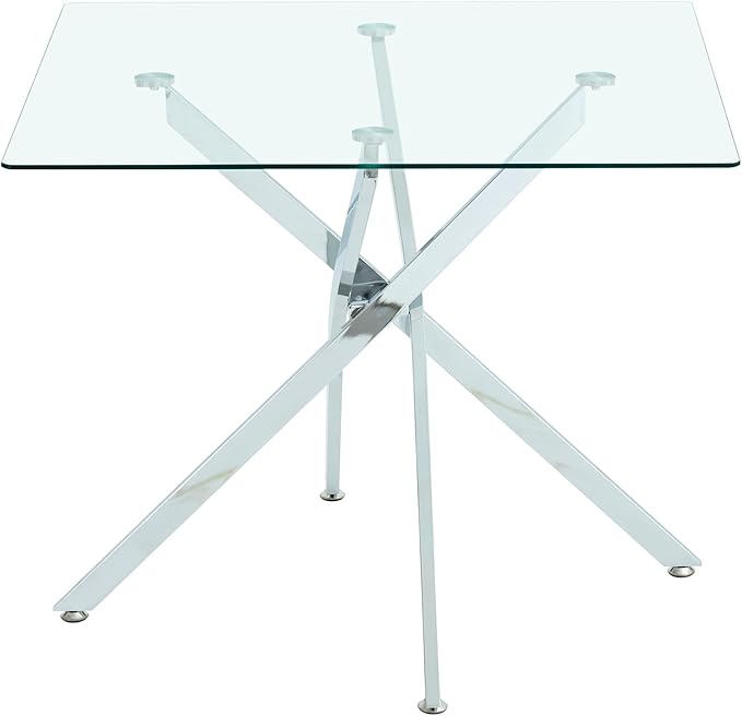 Henf 36'' Tempered Glass Dining Table for 2-4 People, Square Kitchen Table with Silver X-Base Metal Legs, Adjustable Feet, Glass Desk for Small Space, Clear Square Dining Room Table for 4
