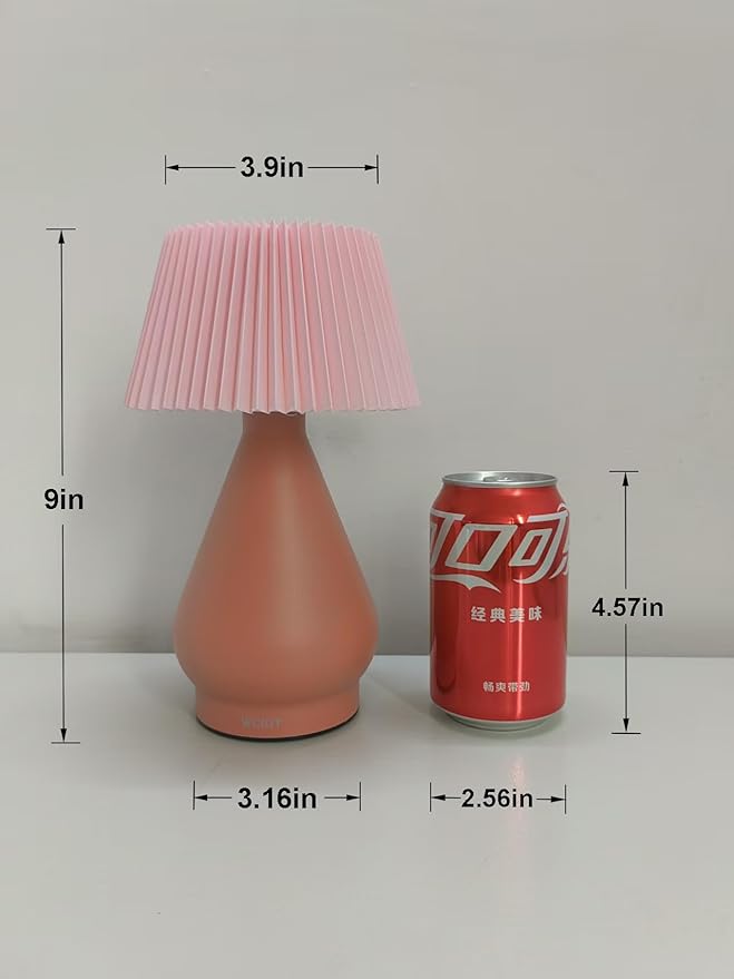 Modern Cordless Table Lamp Rechargeable, Portable LED Desk Lamp,Touch Control 3 Colors Stepless Dimming with Pleated Lampshade for Restaurant, Bedroom, Office,Outdoor Camping, Night Light(Pink)