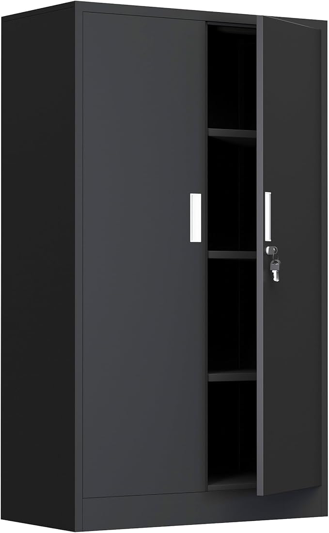 Metal Storage Cabinet with Locking Doors and 3 Adjustable Shelves, Lockable Storage Cabinets for Home Office Garage Kitchen Pantry (Black)