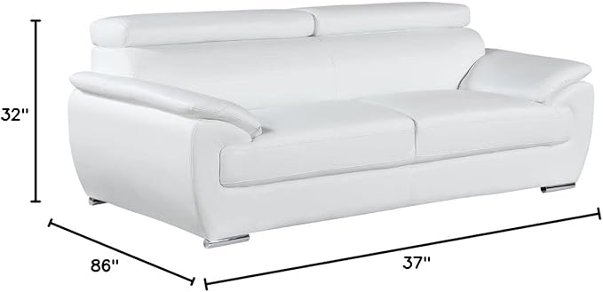 Blackjack Furniture 4571 Veal Collection Genuine Leather Couch for Living Room, Elegant Modern Design with Adjustable Headrests and Durable Wood Frame, Sofa, 86", White