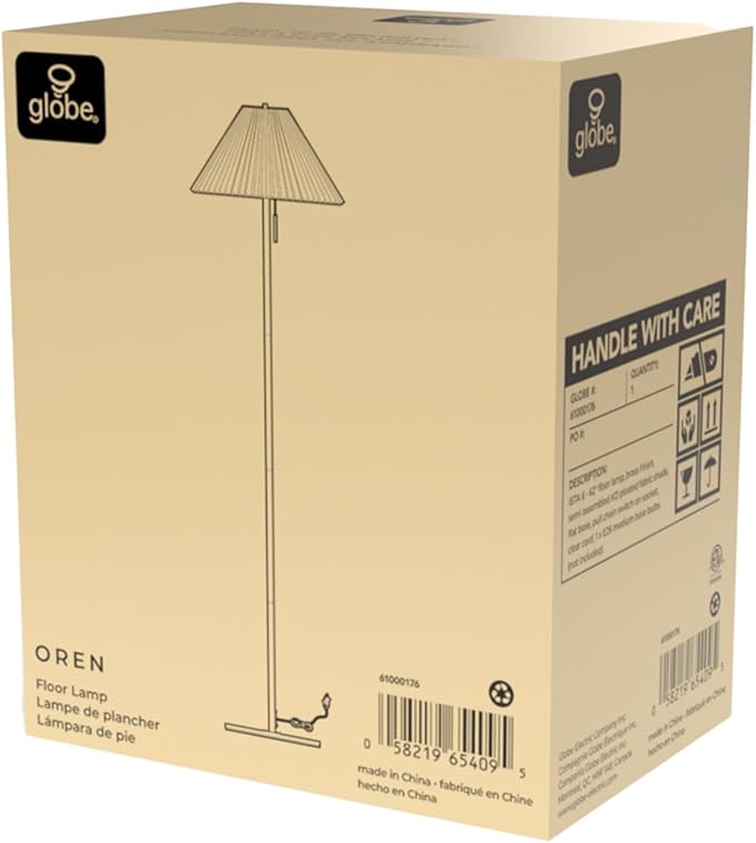 GLOBE Electric 61000176 62" Floor Lamp, Brass Finish, Metal, Pleated Fabric Shade, Flat Base, Pull Chain Switch on Socket, Reading Light, Office Accessories, House Decor