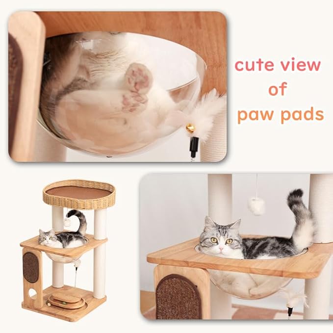 Wood Cat Tree for Large Cats, Modern Cat Tree Tower with Wide Shelves Cotton Scratching Posts, Super Sturdy Base, Cozy Perches, and Interactive Toys for Indoor Kittens 31-Inch