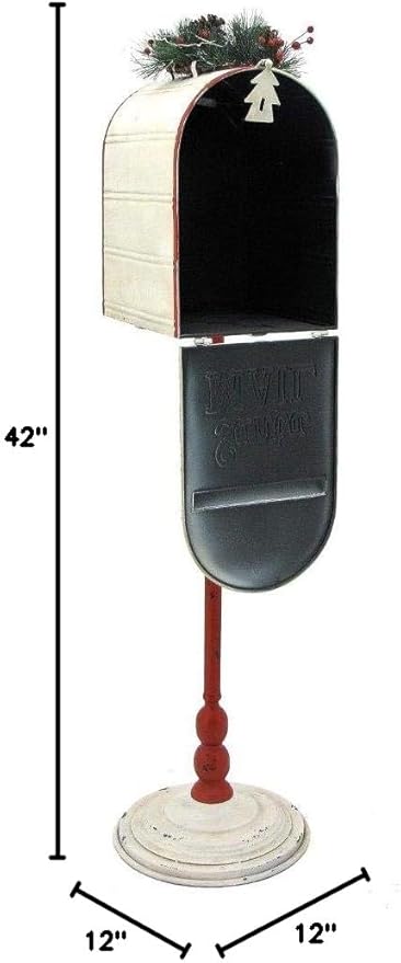 42" Tall Metal Standing Santa's Mail Christmas Mailbox with Light-up LED Wreath (White Top)