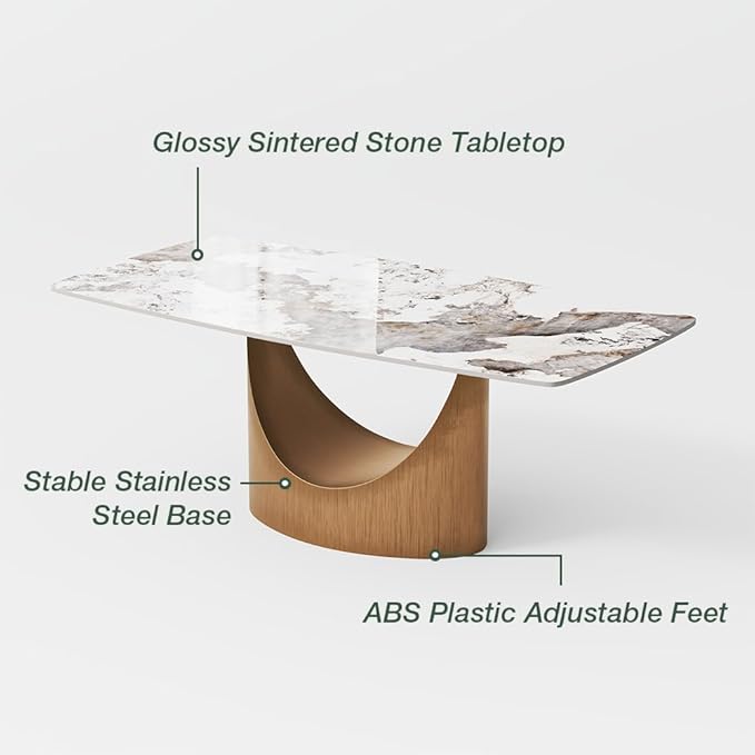 POVISON 63" Hobart Dining Table for 4, Rectangular Dining Table, Glossy Pandora Sintered Stone Tabletop with Bronze Carbon Steel Base for Dining Room (Table Only)