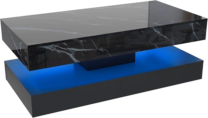 47.2" Large High-Glossy LED Coffee Table with 2 Sliding Drawers, Living Room Storage Coffee Tables with Marbling Print, Modern Stylish Double-Layer Center Tables w/LED Lights, Black