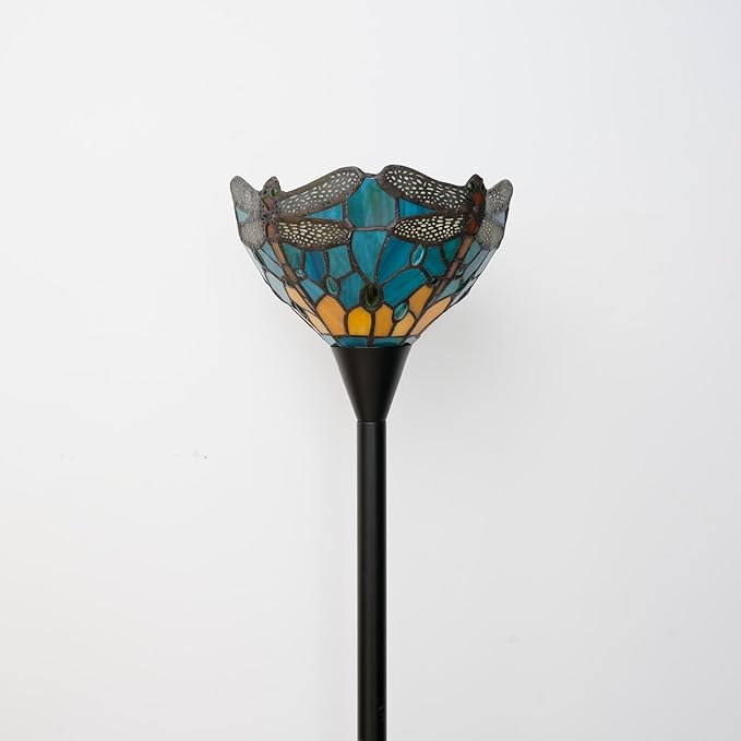 Tiffany Floor Lamp Tochiere Standing Green Dragonfly Style Stained Glass Floor Light Vintage Tall Pole Uplight Lamp Rustic Corner Lamp with Foot Switch for Home Decor Living Room Bedroom