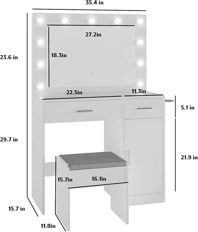 Vanity, Vanity Desk with Mirror, Large Drawer and Power Socket with 11 Light Bulbs and 3 Adjustable Lighting Modes, Vanity Table Ideal for Bedroom (White)
