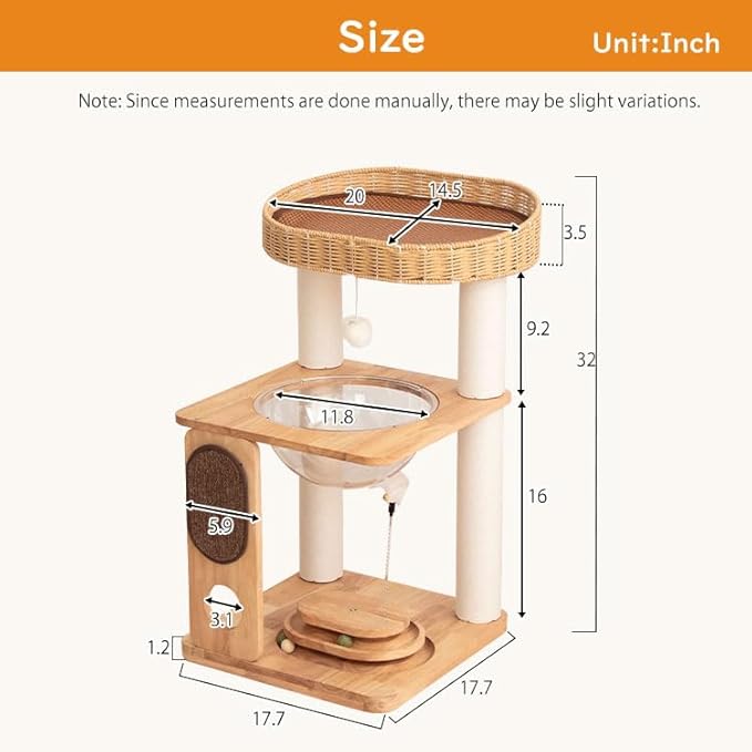 Wood Cat Tree for Large Cats, Modern Cat Tree Tower with Wide Shelves Cotton Scratching Posts, Super Sturdy Base, Cozy Perches, and Interactive Toys for Indoor Kittens 31-Inch