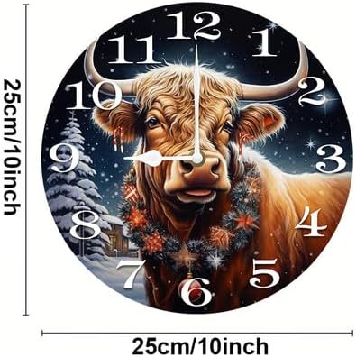 Cow with Christmas Wall Clock Large Silent Non-Ticking Battery Operated Modern Clocks for Living Room Decor/Bedroom/Office (10x10 in)