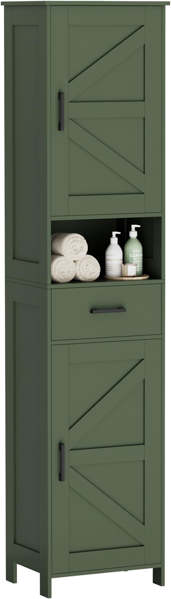 Homhedy 67" H Tall Bathroom Storage Cabinet with 2 Barn Doors and 1 Drawer, Narrow Storage Unit, Adjustable Shelves, Floor Cabinet for Bathroom, Living Room, Entryway, Kitchen, Green, (15.7" W)