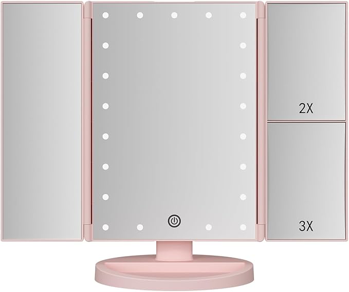 Trifold Makeup Mirror Vanity Mirror with Lights,1X 2X 3X Magnification,Touch Screen,180 Adjustable Rotation,Portable Travel Bathroom Cosmetic Mirror
