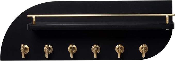 Key Holder for Wall, Wood Wall Mounted Key Rack with 6 Sturdy Metal Hooks for Bags, Coats, Umbrella, 14 Inches Mail Organizer for Home Entryway Decor, Black and Gold