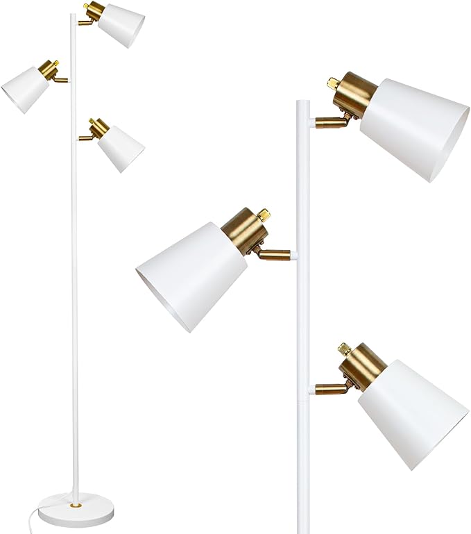 Tree Floor Lamp for Living Room, Industrial 3-Light Standing Lamp with 3 LED Bulbs, Adjustable Rotation Heads, Standing Tall Pole Lamp Farmhouse Rustic Reading Lamps for Bedroom Office (White Gold)