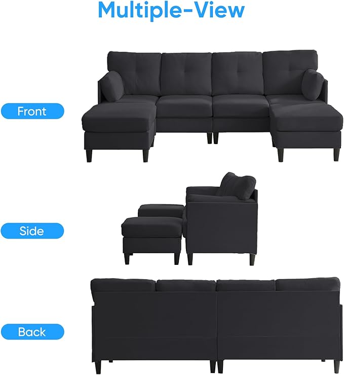 PUREMIND Sectional Couches for Living Room, Modern Snow Velvet U-Shaped Sofa Couch with Double Chaise, Upholstered 4 Seater Home Sofa for Living Room, Apartment, Office, Dark Grey
