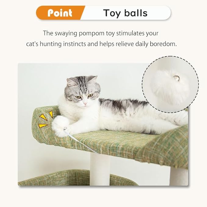 53'' Wooden Cat Tree Tower for Indoor Cats, Modern Natural Wood Cat Furniture with Cozy Beds, Scratching Post and Clear Hammock for Kittens and Adult Cats (Green 53'')