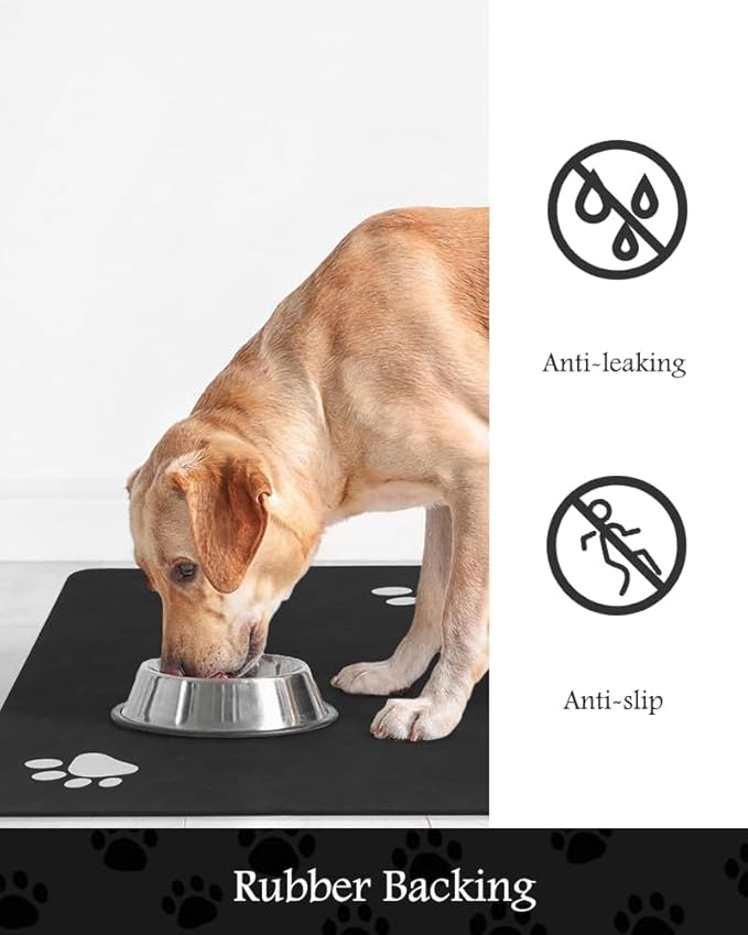 Pet Feeding Mat-Absorbent Dog Mat for Food and Water Bowl-No Stains Quick Dry Water Dispenser Mat-Dog Accessories Pet Supplies-Bowl for Messy Drinkers(Black,12"x19"