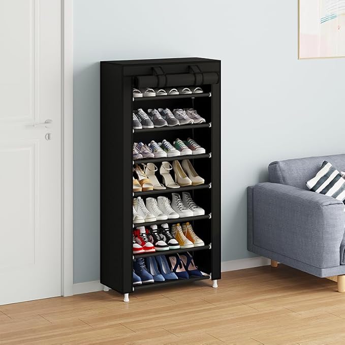 Calmootey 7 Tier Shoe Rack Organizer,Portable Shoe Shelf with Nonwoven Fabric Cover for Closet Hallway,Bedroom,Entryway,Black