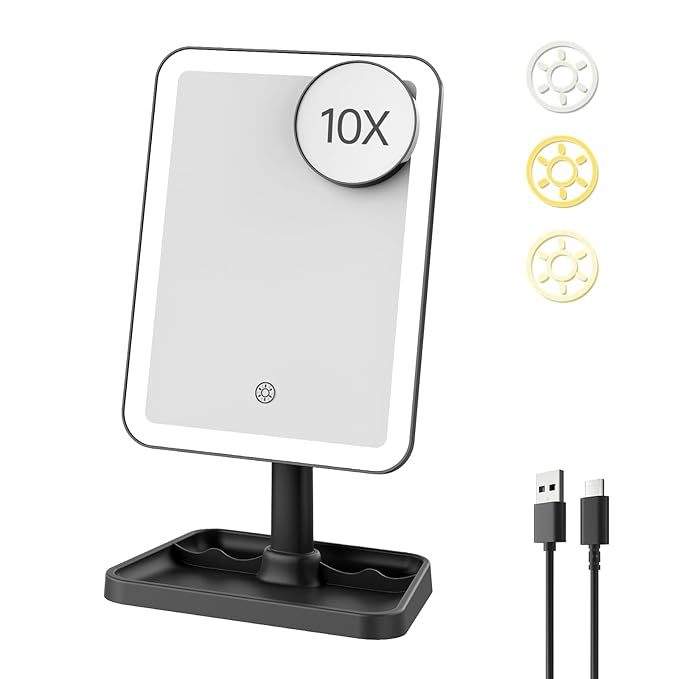 FUNTOUCH Vanity Mirror with Lights, Rechargeable 10X Magnification 3 Color Lighting Portable Tabletop Cosmetic Make Up Mirror, 360° Rotation Led Light up Mirrors with Storage,White