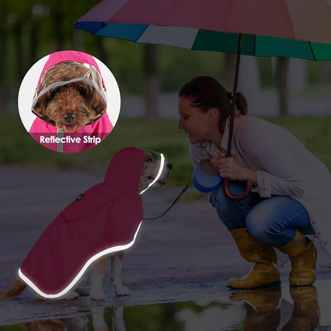 SlowTon Dog Raincoat, Adjustable Dog Rain Jacket Clear Hooded Double Layer, Waterproof Poncho with Reflective Strip Straps and Storage Pocket for Small Medium Large Dogs Puppies(FU S)