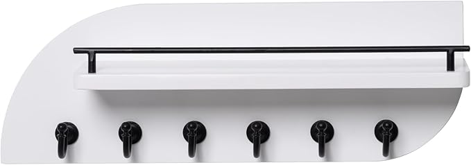 Key Holder for Wall, Decorative Key and Mail Organizer with 6 Sturdy Metal Hooks and Floating Shelf, 14 Inches Wood Wall Mounted Key Rack for Entryway, White and Black