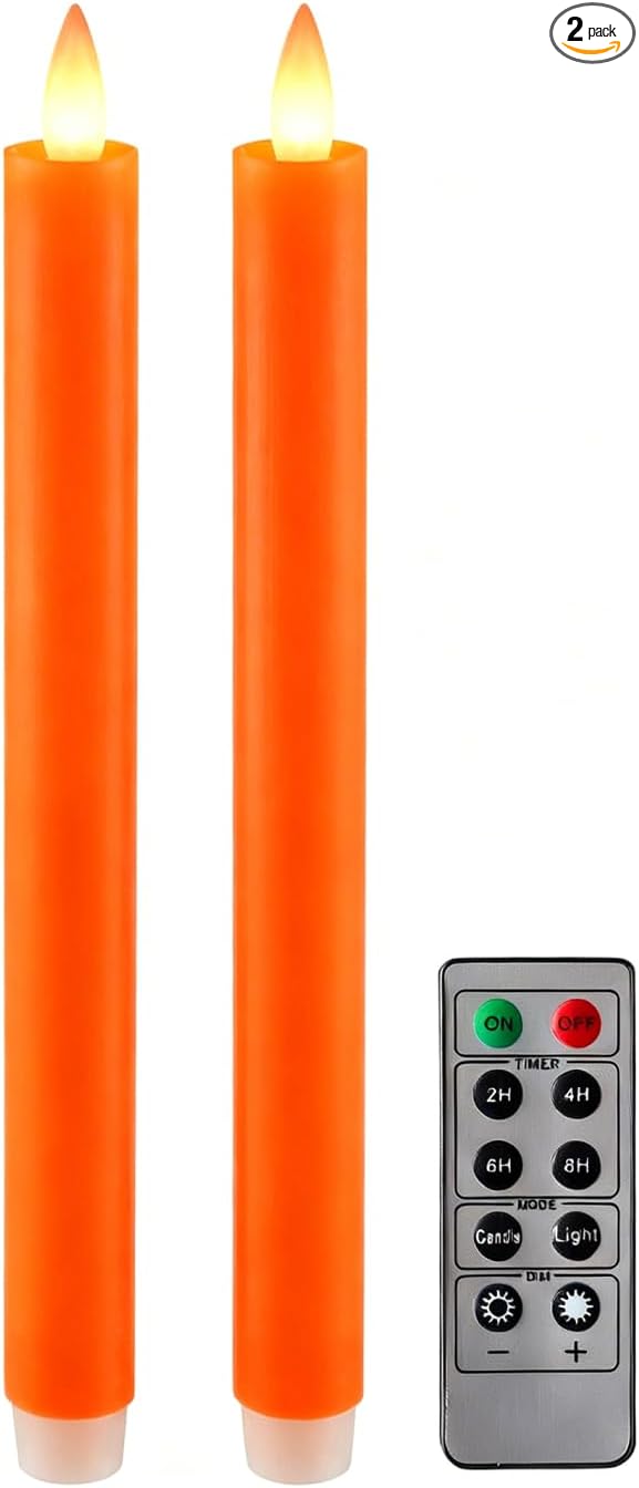 Flameless Taper Candles Flickering with Remote and Timer, 3D Moving Flame Taper Candle Battery Operated to 400 Hours, 9 Inch Window Candles, (Orange)