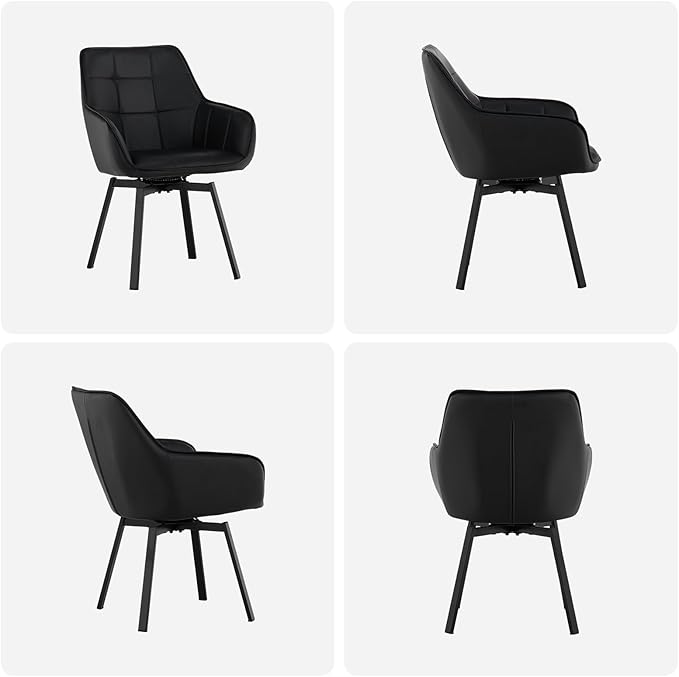 TUKAILAi Swivel Dining Chairs Set of 6, Faux Leather Upholstered Accent Dining Chairs with Metal Legs, Rotatable Armchairs Desk Chair for Home Office Kitchen Restaurant Modern (Black)