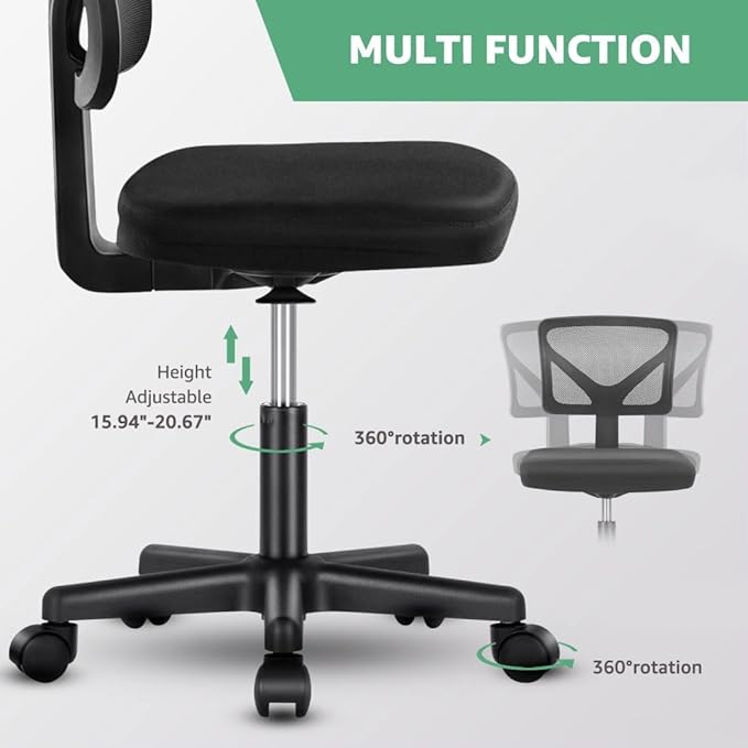 Armless Mesh Office Chair, Ergonomic Low Back Deskchair, Adjustable Rolling Task Computer Swivelchairs for Small Spaces Home Bedroom Study, Black