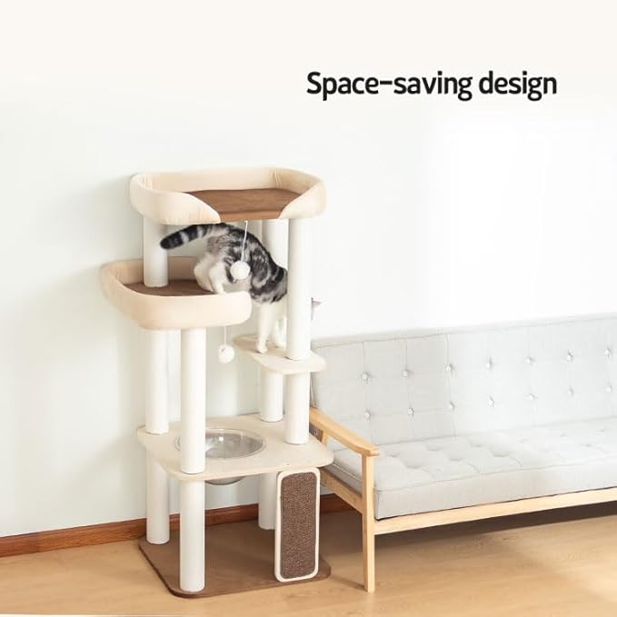53'' Wooden Cat Tree Tower for Indoor Cats, Modern Natural Wood Cat Furniture with Cozy Beds, Scratching Post and Clear Hammock for Kittens and Adult Cats (White)